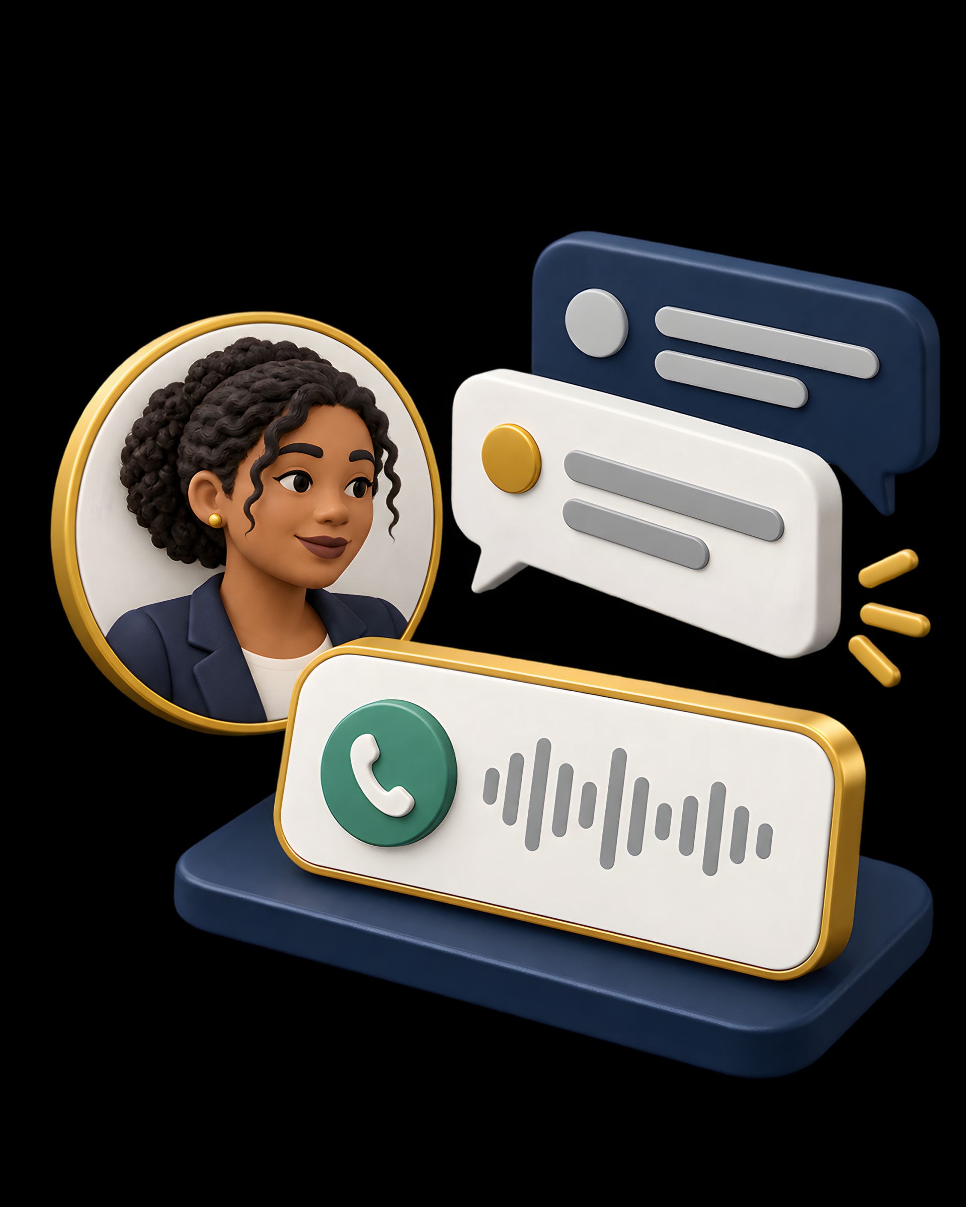 A requester's portrait beside a live call and two message bubbles.