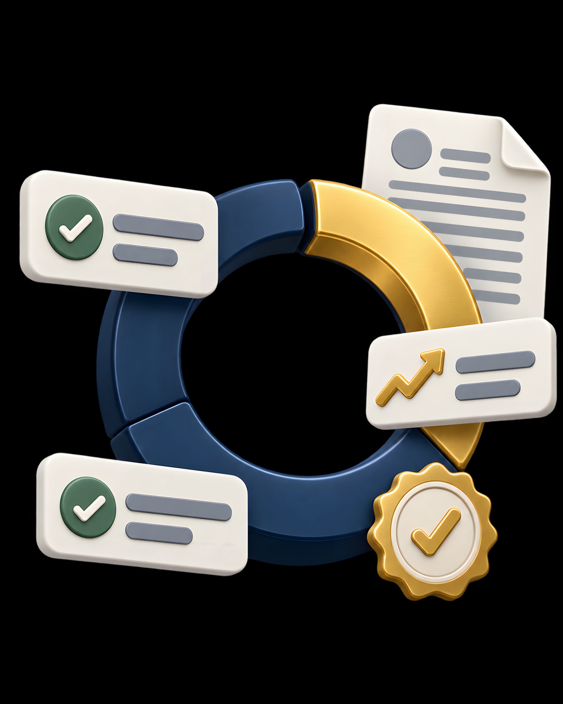 A progress ring with checked evidence cards and a gold seal.